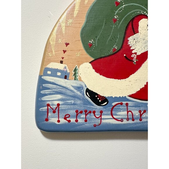 Vintage Handmade Wooden Santa Sign Christmas Hand Painted Kitschy Wood Signed - Picture 4 of 7